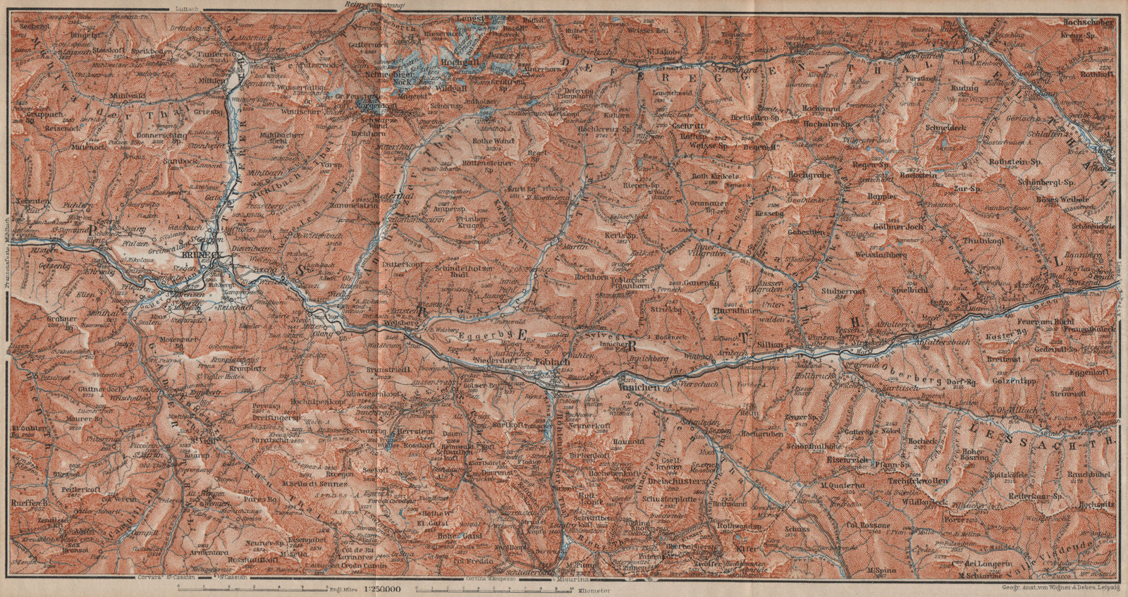 PUSTERTAL Bruneck Fanes-Sennes-Braies Tre Cime Rieserferner-Ahrn Sesto 1911 map